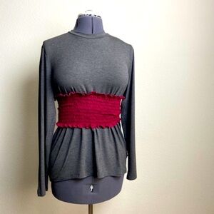SIMLU XL 10-12 Charcoal-Burgundy Sexy Long Sleeve Smock Tee